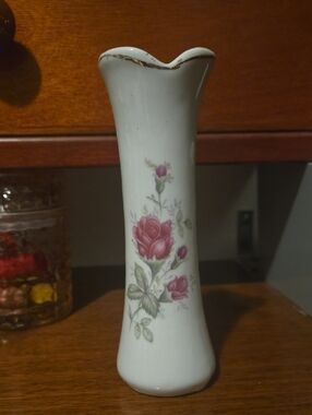 Porcelain Bud Vase with Pink Rose and Gold Trim